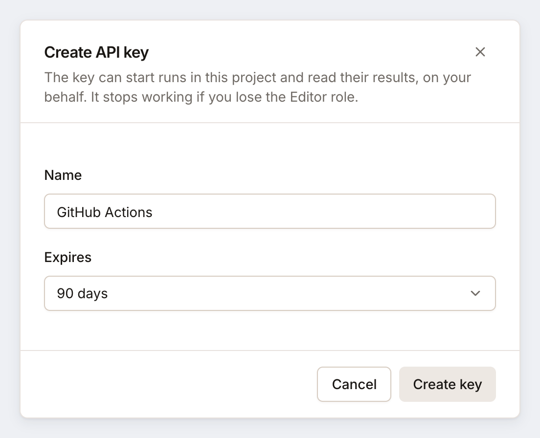Create API key dialog with the name GitHub Actions and the expiry choice.