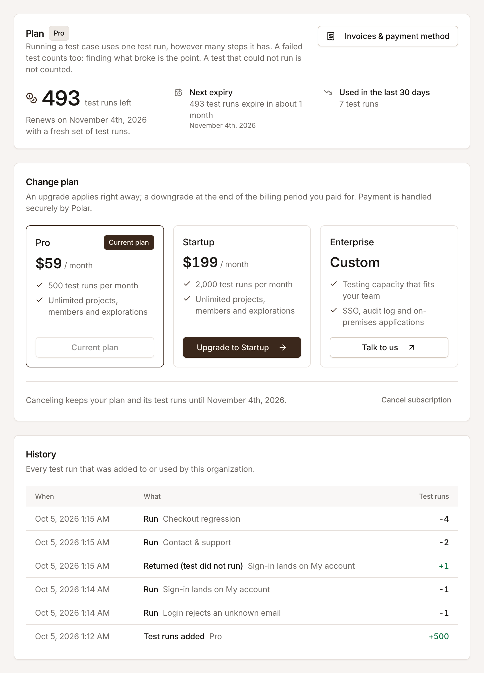 The Billing tab of Pellbrook Digital on Pro: test runs left, the renewal date, the next expiry, usage in the last 30 days, the plan cards with Pro as the current plan, and the history of test runs added and used.