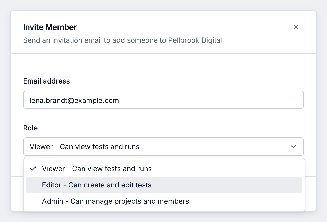 Invite Member dialog with an email address entered and the Role list open showing Viewer, Editor and Admin with what each can do.