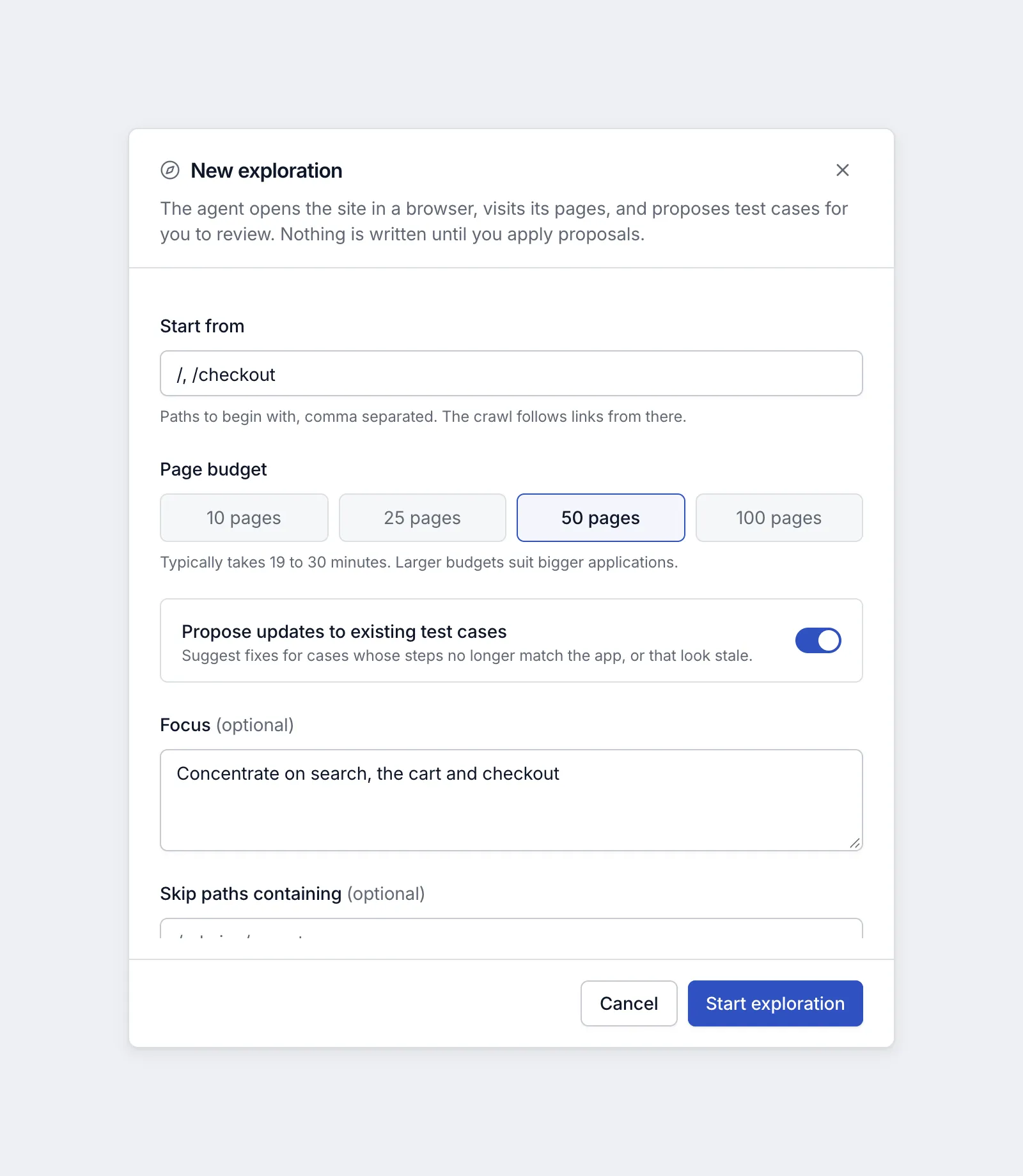 The Testmode exploration setup, with the paths to start from, a fifty-page budget, and a focus instruction naming search, the cart and checkout.