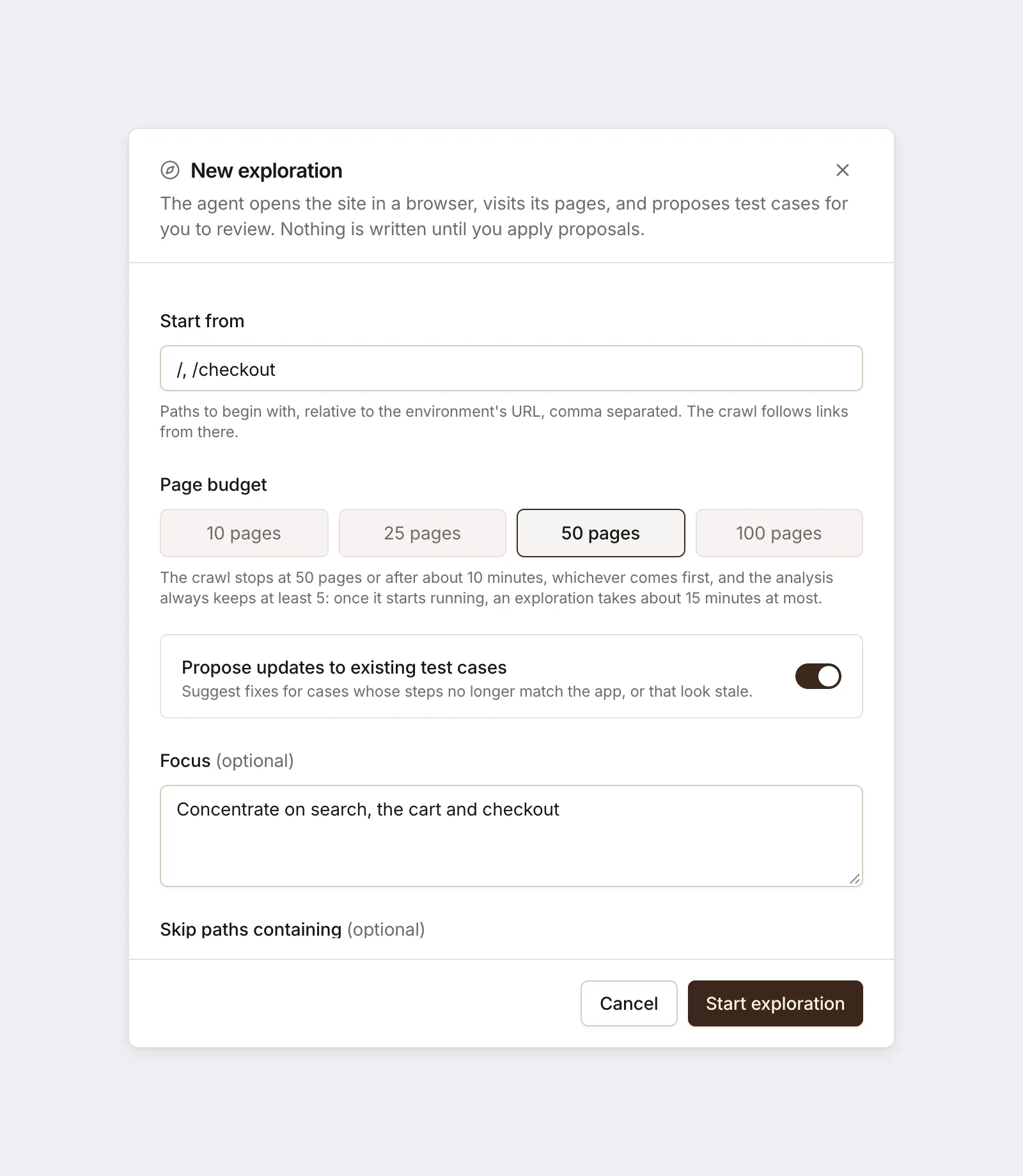 The Testmode exploration setup, with the paths to start from, a fifty-page budget, and a focus instruction naming search, the cart and checkout.