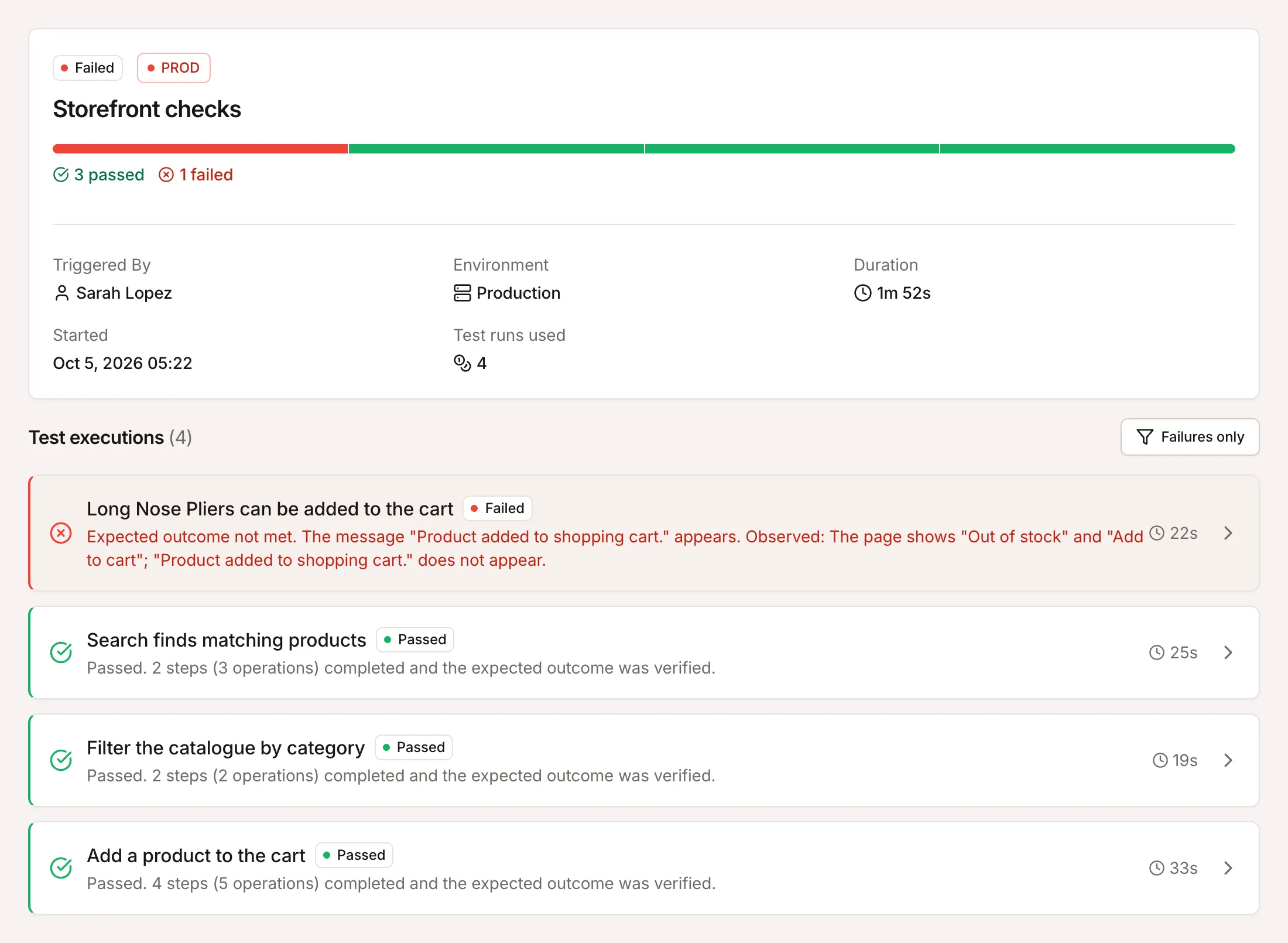 A finished Testmode run report for a storefront test plan: three tests passed, and the failed one states its reason, that the product is out of stock.