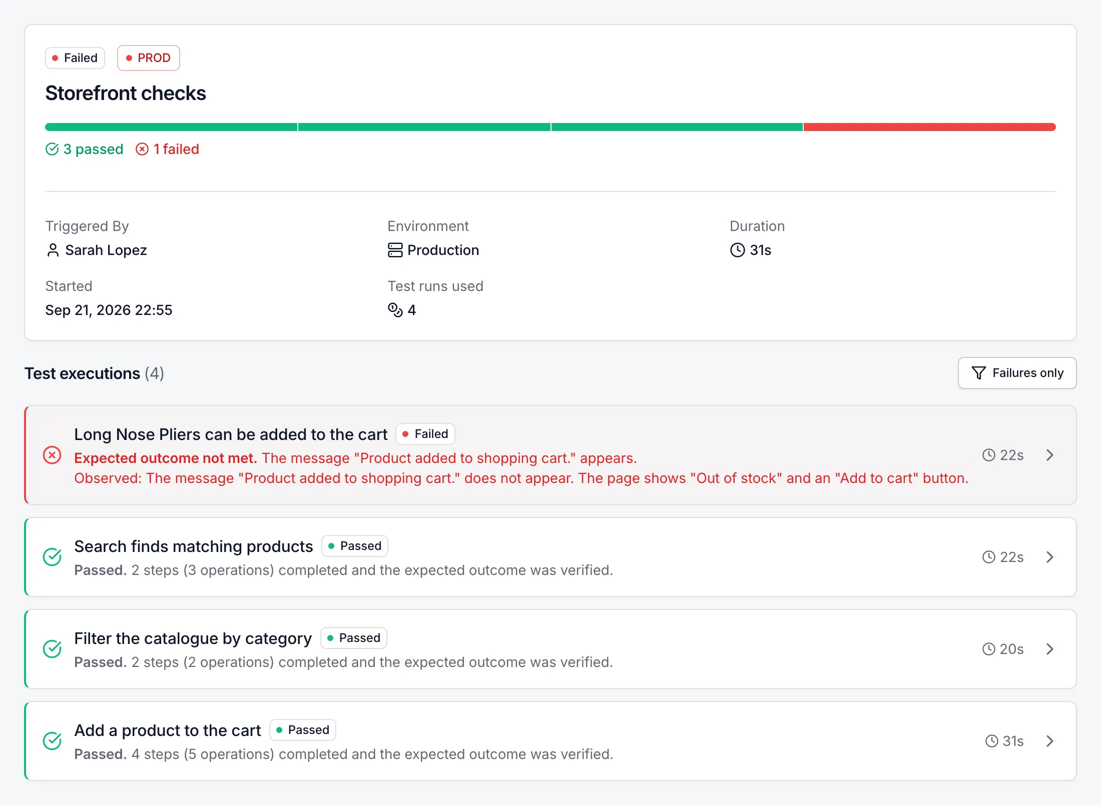 A finished Testmode run report for a storefront test plan: three tests passed, and the failed one states its reason, that the product is out of stock.