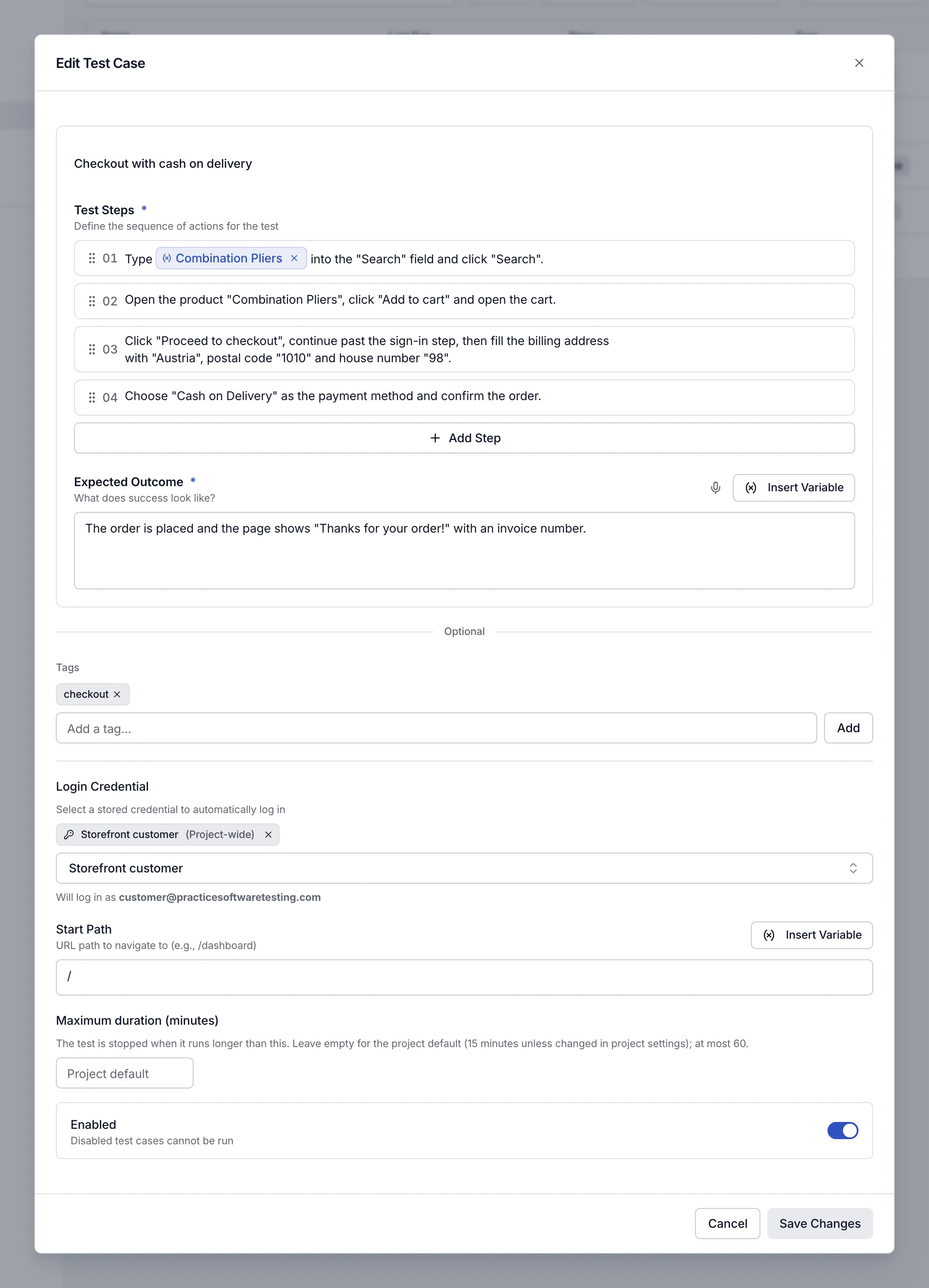 The Testmode test case editor, showing a checkout test written as four plain-language steps, one of them using a saved product variable, above the expected outcome.