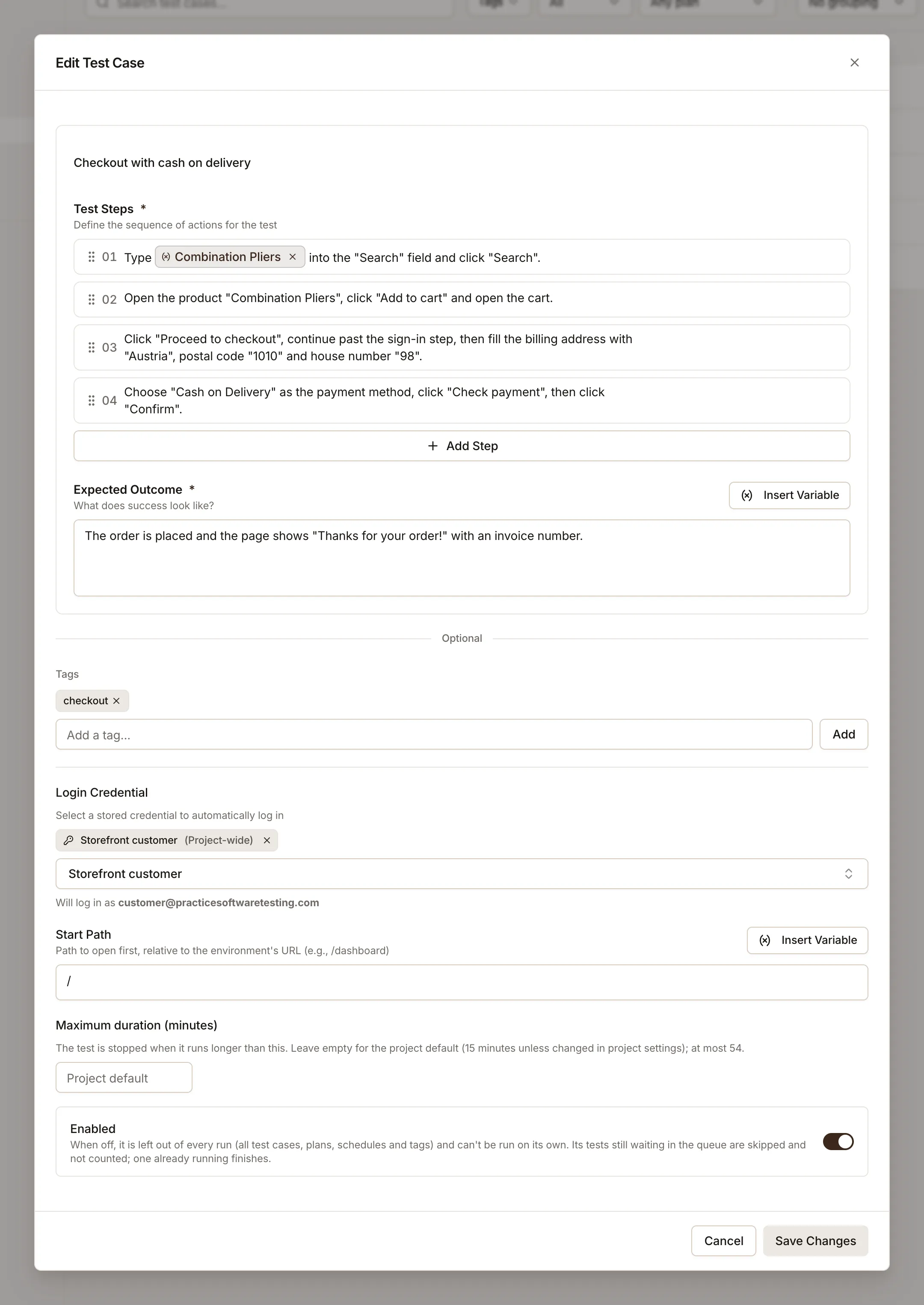 The Testmode test case editor, showing a checkout test written as four plain-language steps, one of them using a saved product variable, above the expected outcome.