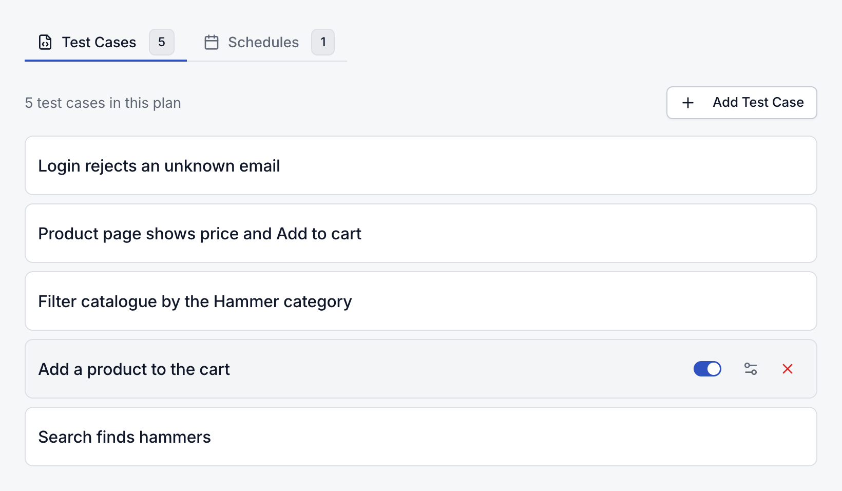 Test Cases tab of the Storefront smoke plan, with Add Test Case and five test cases. The hovered row, Add a product to the cart, shows its Required switch, the settings button and a red X to remove it.