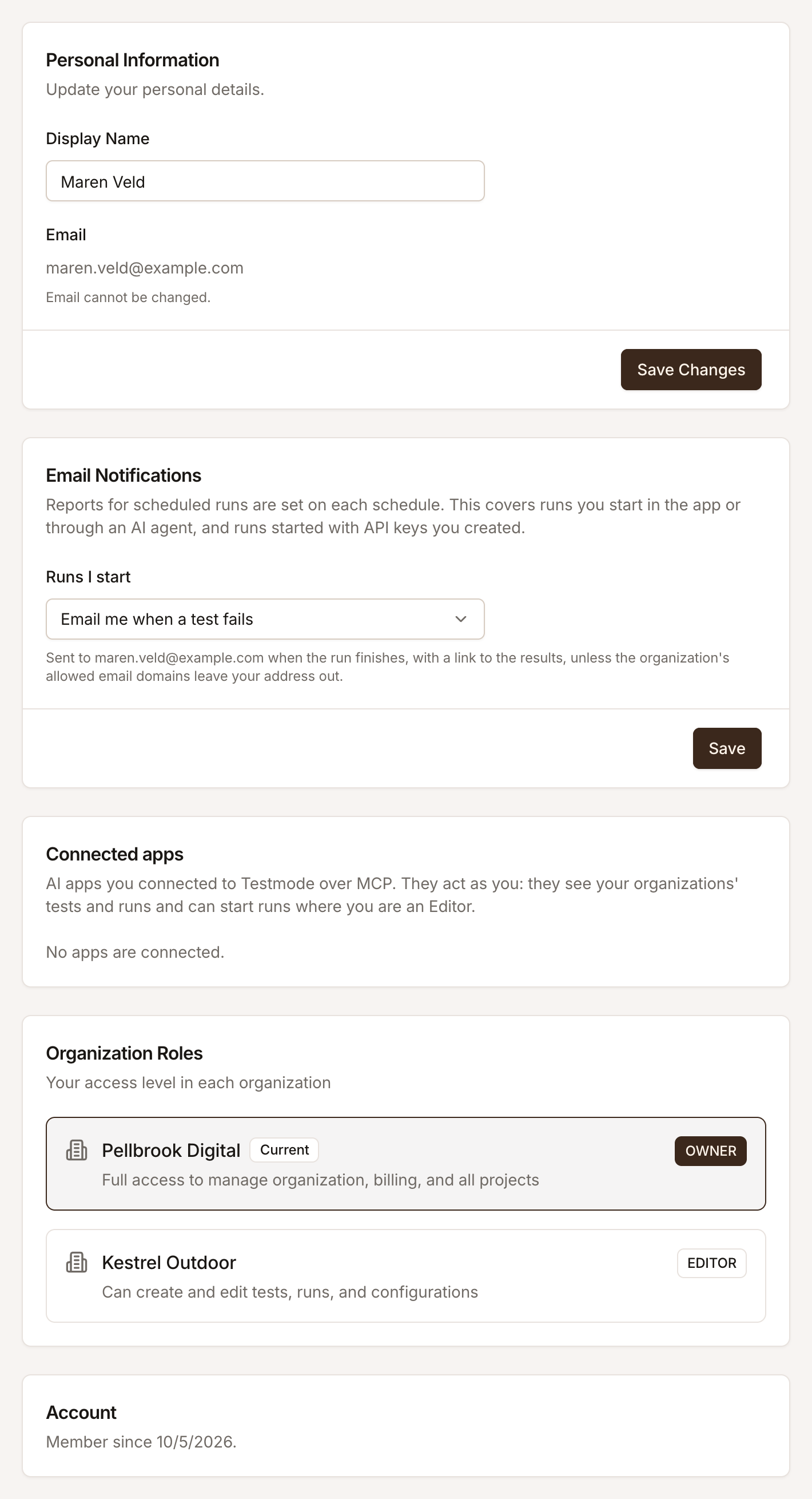 The Profile page: Personal Information with the display name and email, Email Notifications with Runs I start set to Email me when a test fails, Connected apps with none connected, and Organization Roles listing Owner of Pellbrook Digital and Editor of Kestrel Outdoor.