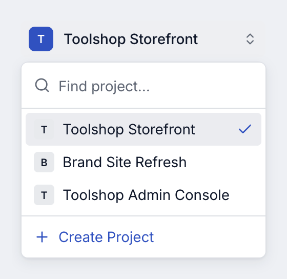 Project switcher for Toolshop Storefront, open below its button, with a Find project search box, a check mark on Toolshop Storefront, Brand Site Refresh, Toolshop Admin Console and Create Project.