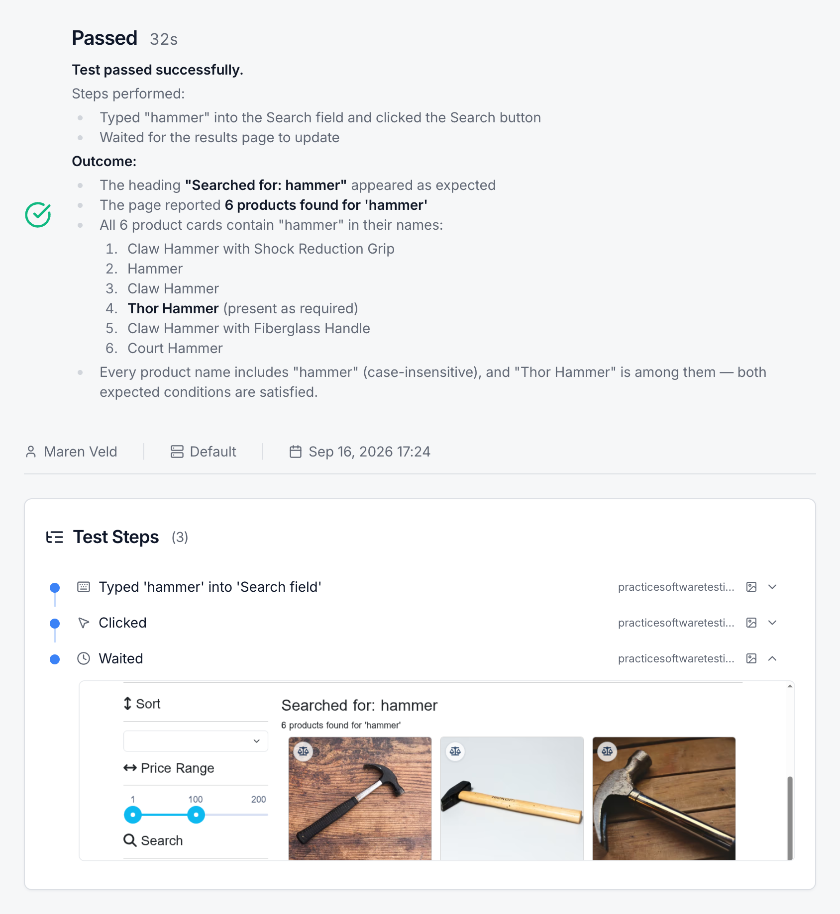 Passed single-test run for Search finds hammers with the agent's written summary and the last step expanded to a screenshot of the hammer search results.