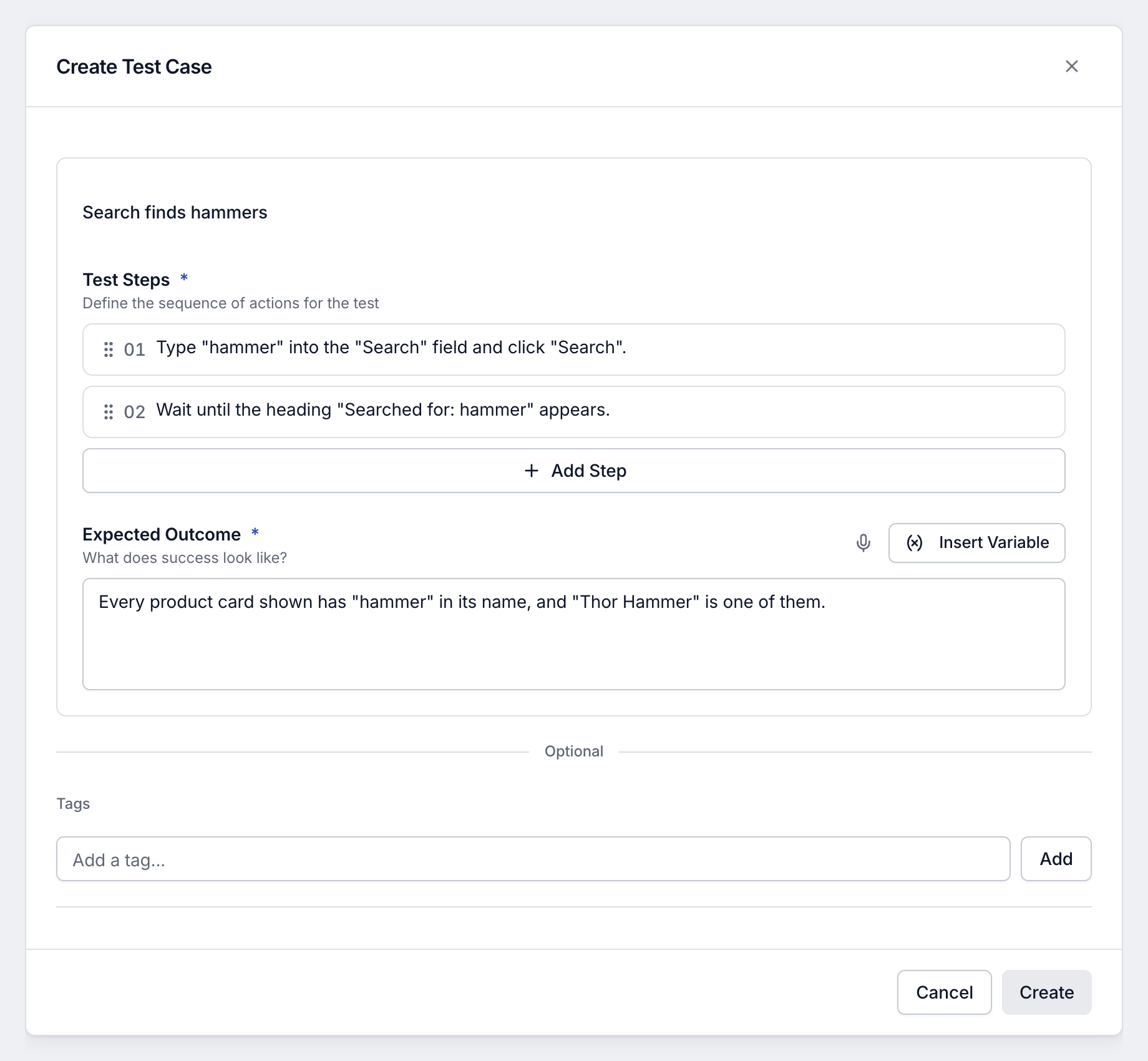 Create Test Case dialog for Search finds hammers with two plain-English steps that search the Toolshop for hammer and an Expected Outcome about the results.