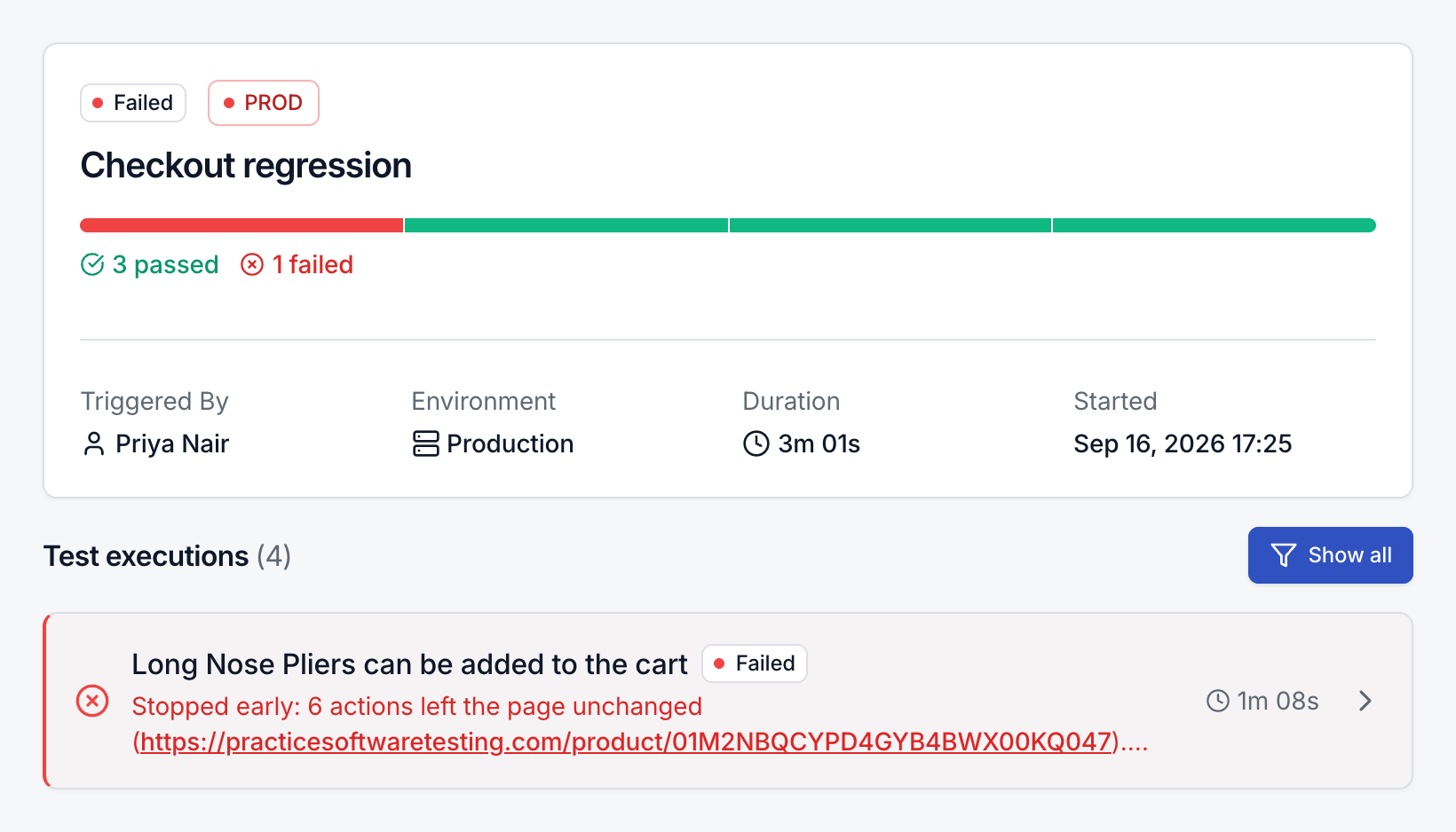 Failed Checkout regression run with 3 passed and 1 failed, who started it, its environment, duration and start time, filtered to the one failed test card, with a Show all button to clear the filter.