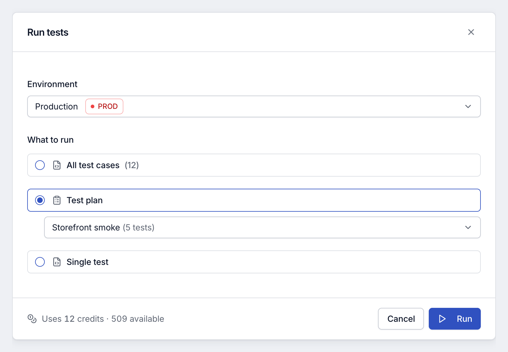Run tests dialog with Production selected, Test plan chosen with Storefront smoke, and the credits the run uses and the balance in the footer.