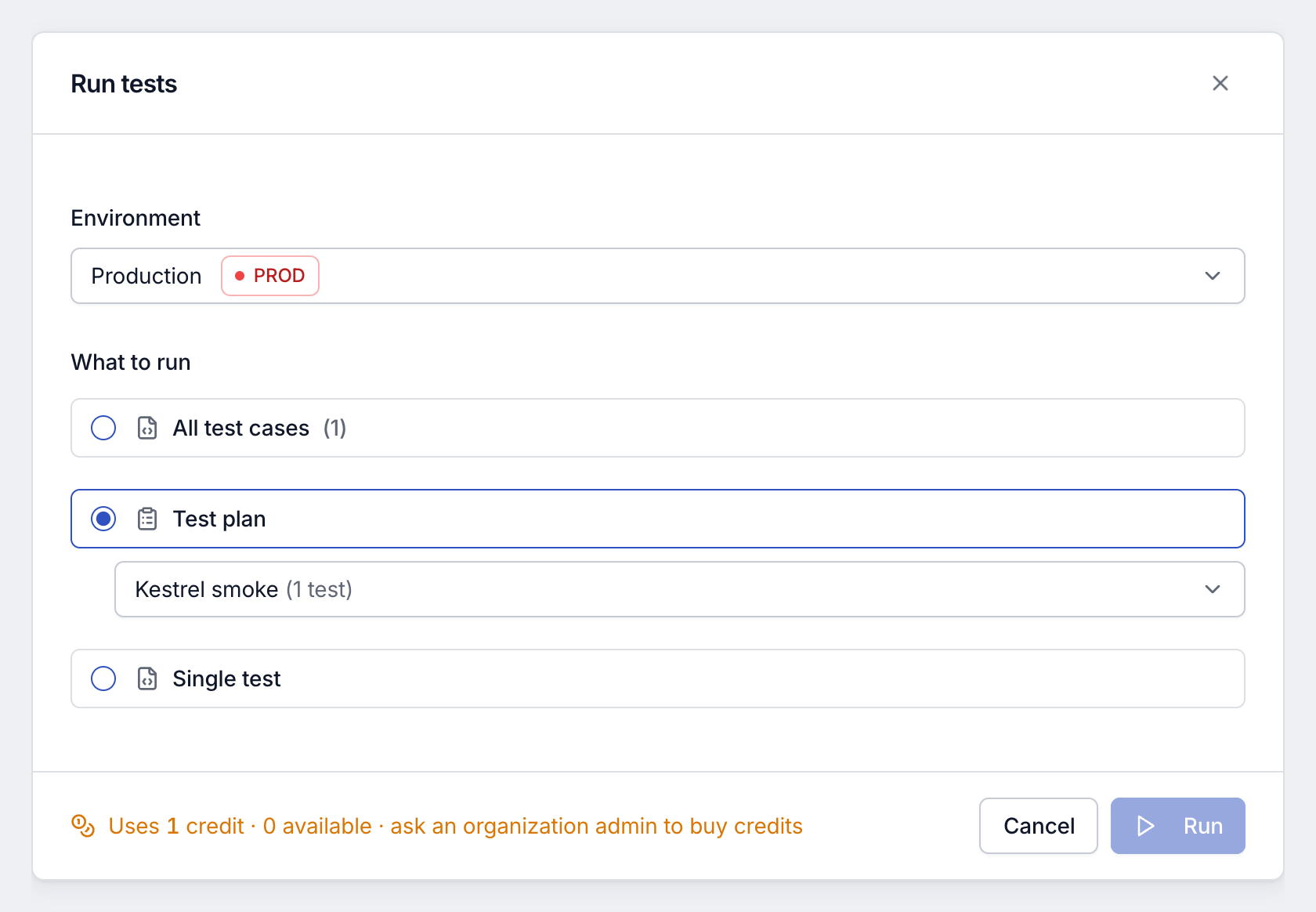 Run tests dialog for a test plan on Production, with an amber footer saying the run uses more credits than are available and asking an organization admin to buy credits, and Run disabled.