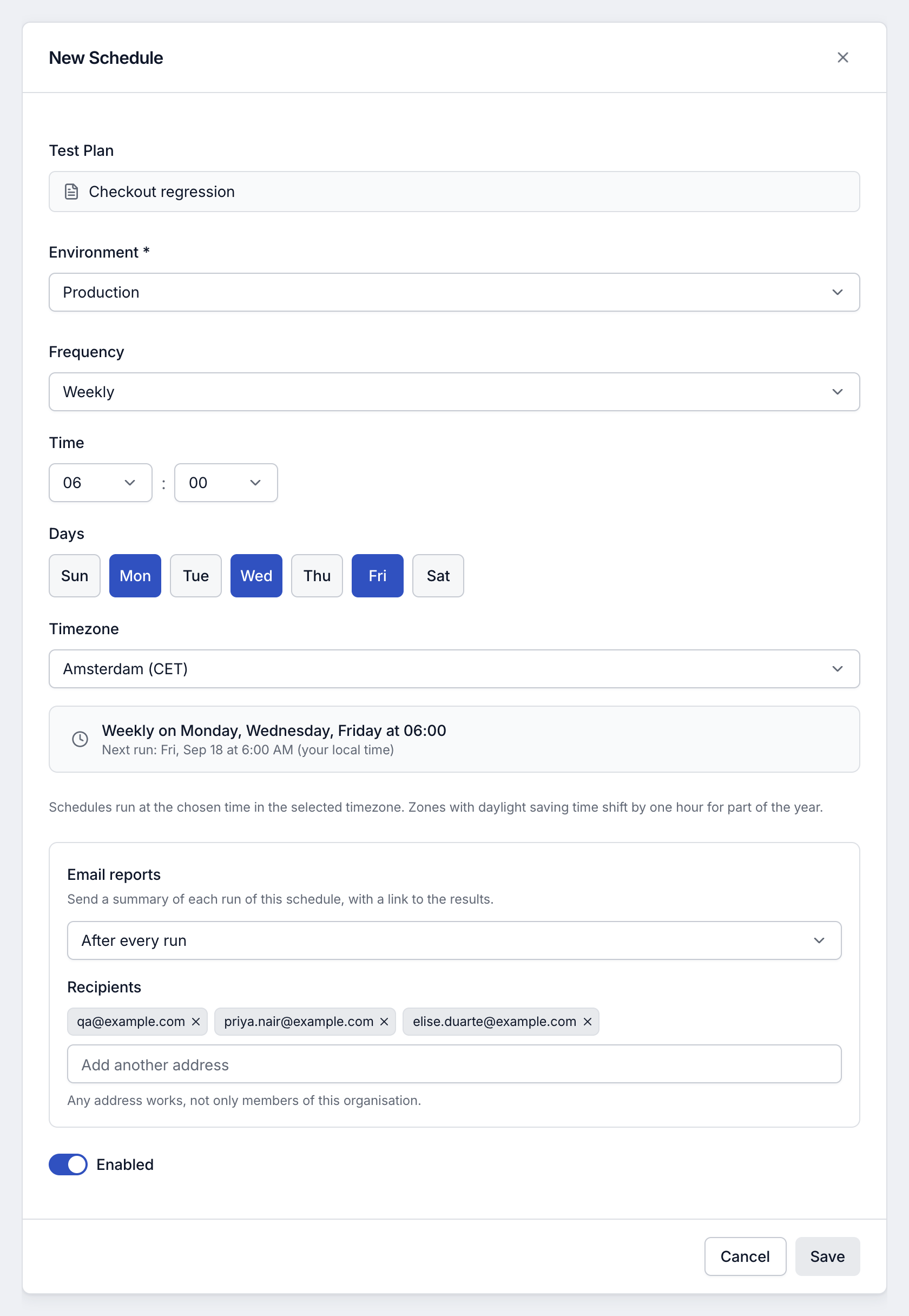 New Schedule dialog for the Checkout regression plan on Production, weekly on Monday, Wednesday and Friday at 06:00 Amsterdam time, emailing a report after every run to the listed recipients.