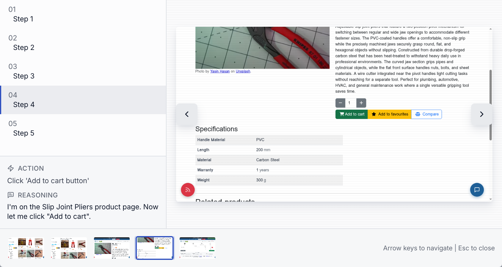 Screenshot viewer at step 4 of 5, showing a Toolshop product page with the Add to cart button, the action Click 'Add to cart button', the agent's reasoning that it is on the Slip Joint Pliers page, and a strip of thumbnails.