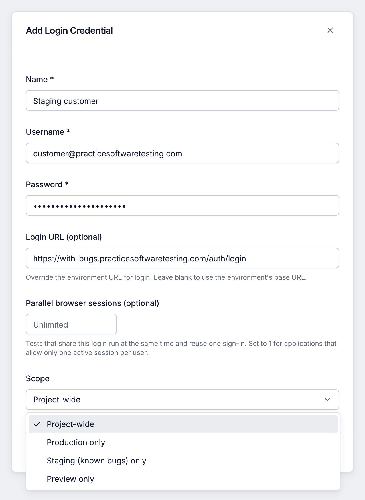 Add Login Credential dialog with name, username, masked password and login URL filled in, an empty Parallel browser sessions field reading Unlimited, and the Scope list open on Project-wide with Production only, Staging (known bugs) only and Preview only.