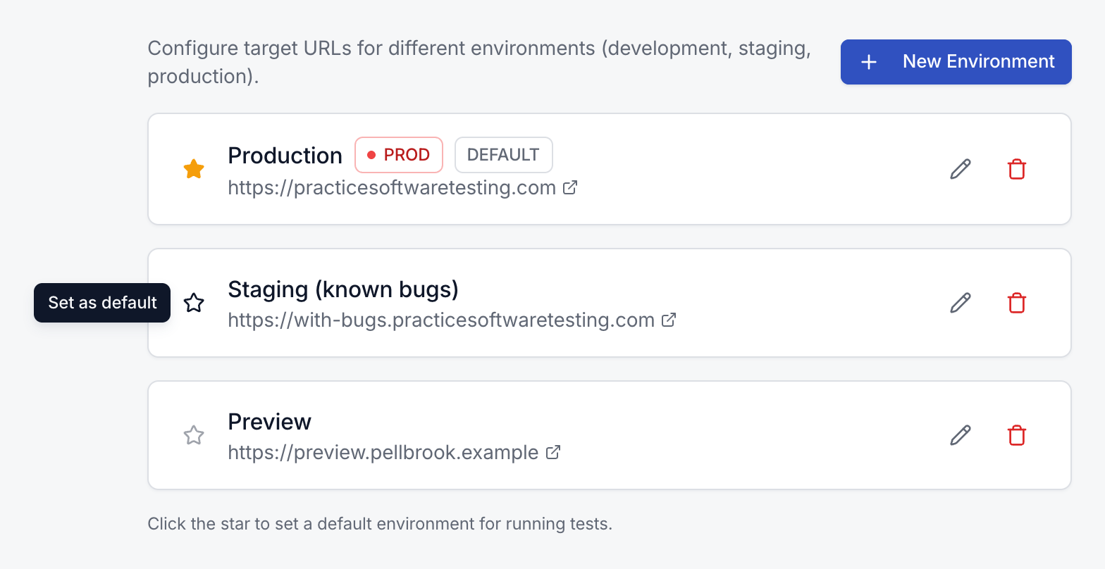 Environments settings listing Production with PROD and DEFAULT badges, Staging (known bugs) and Preview, with a Set as default tooltip on a star.