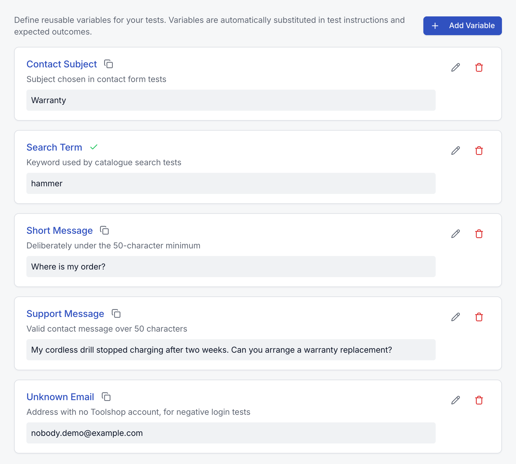 Variables settings listing named values with descriptions, with a copy confirmation check mark next to Search Term.