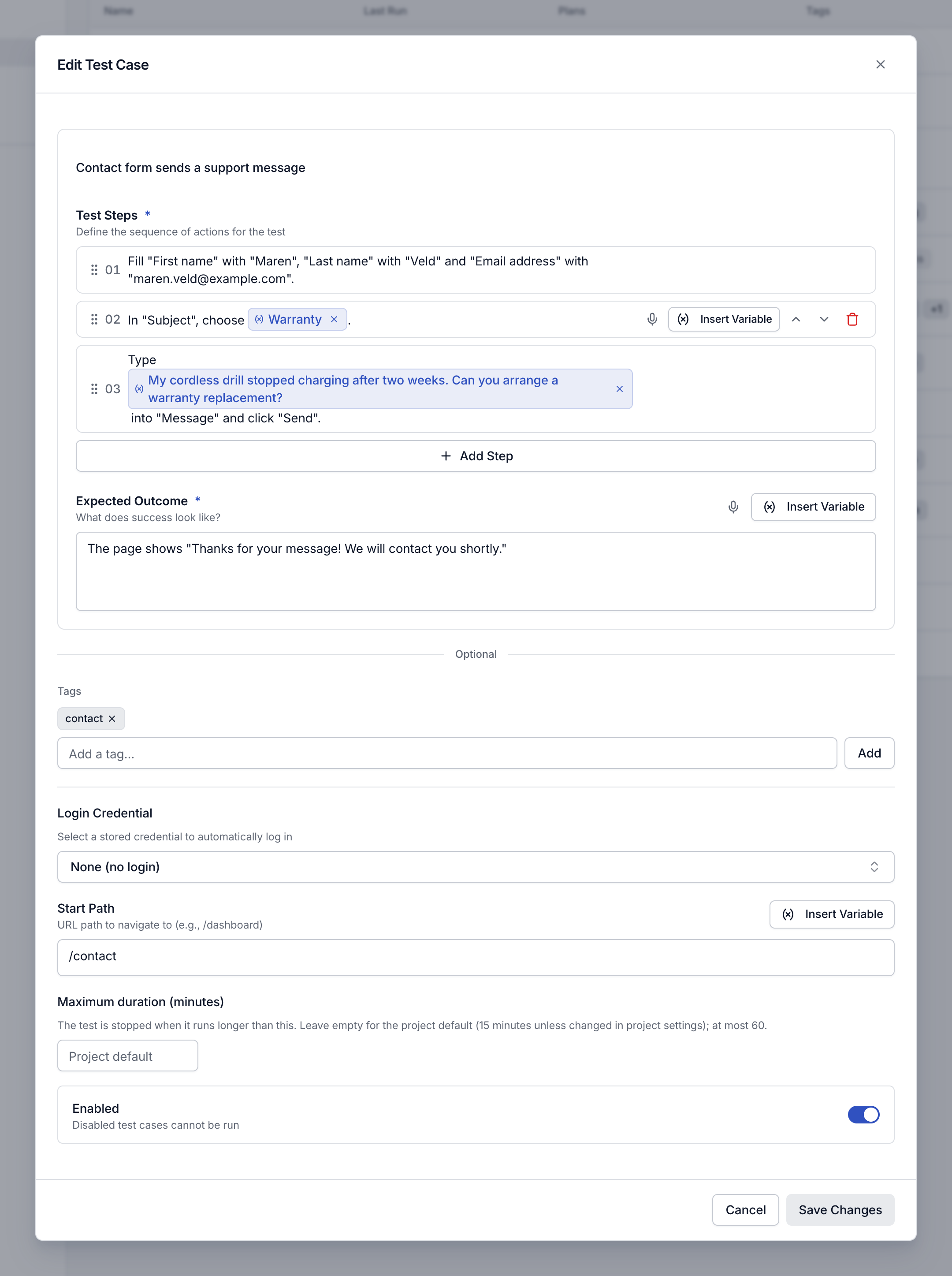 Edit Test Case dialog for Contact form sends a support message, with steps that use variable chips, an Expected Outcome, a contact tag, no login, a Start Path of /contact and an empty Maximum duration field.