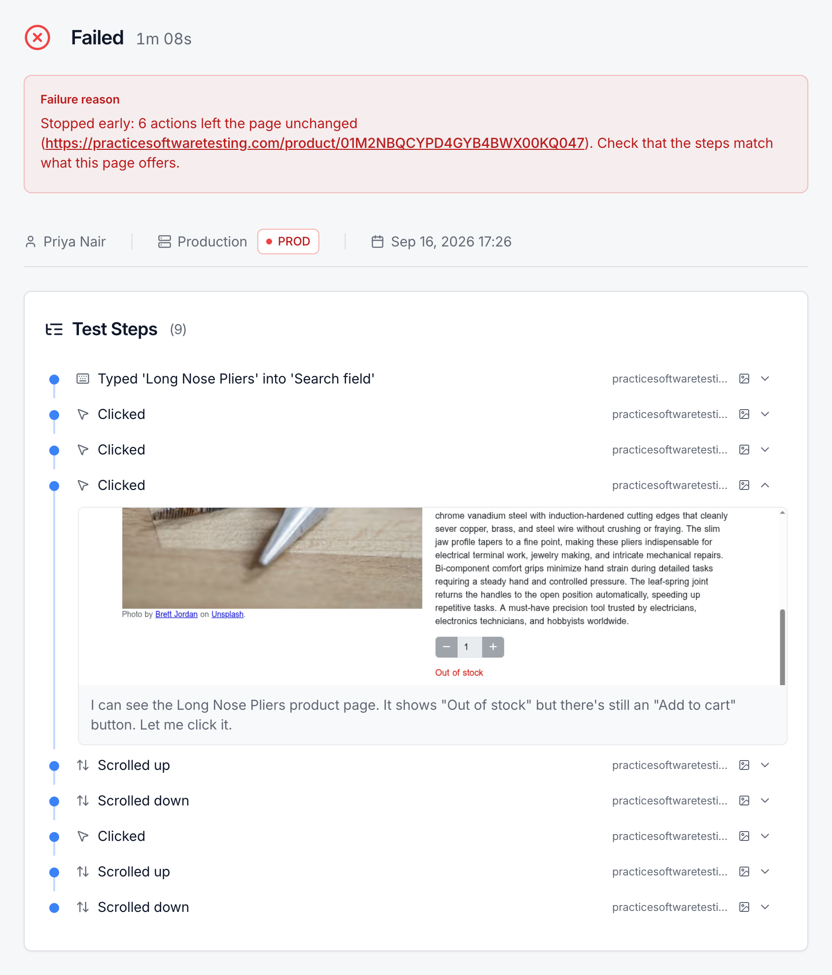 Failed test Long Nose Pliers can be added to the cart, with a failure reason saying the agent stopped early and an expanded step whose screenshot shows Out of stock and whose reasoning notes it.